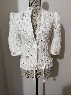 VTG Handmade Cottagecore White Knit Cardigan Floral Embroidered Puff Sleeve
